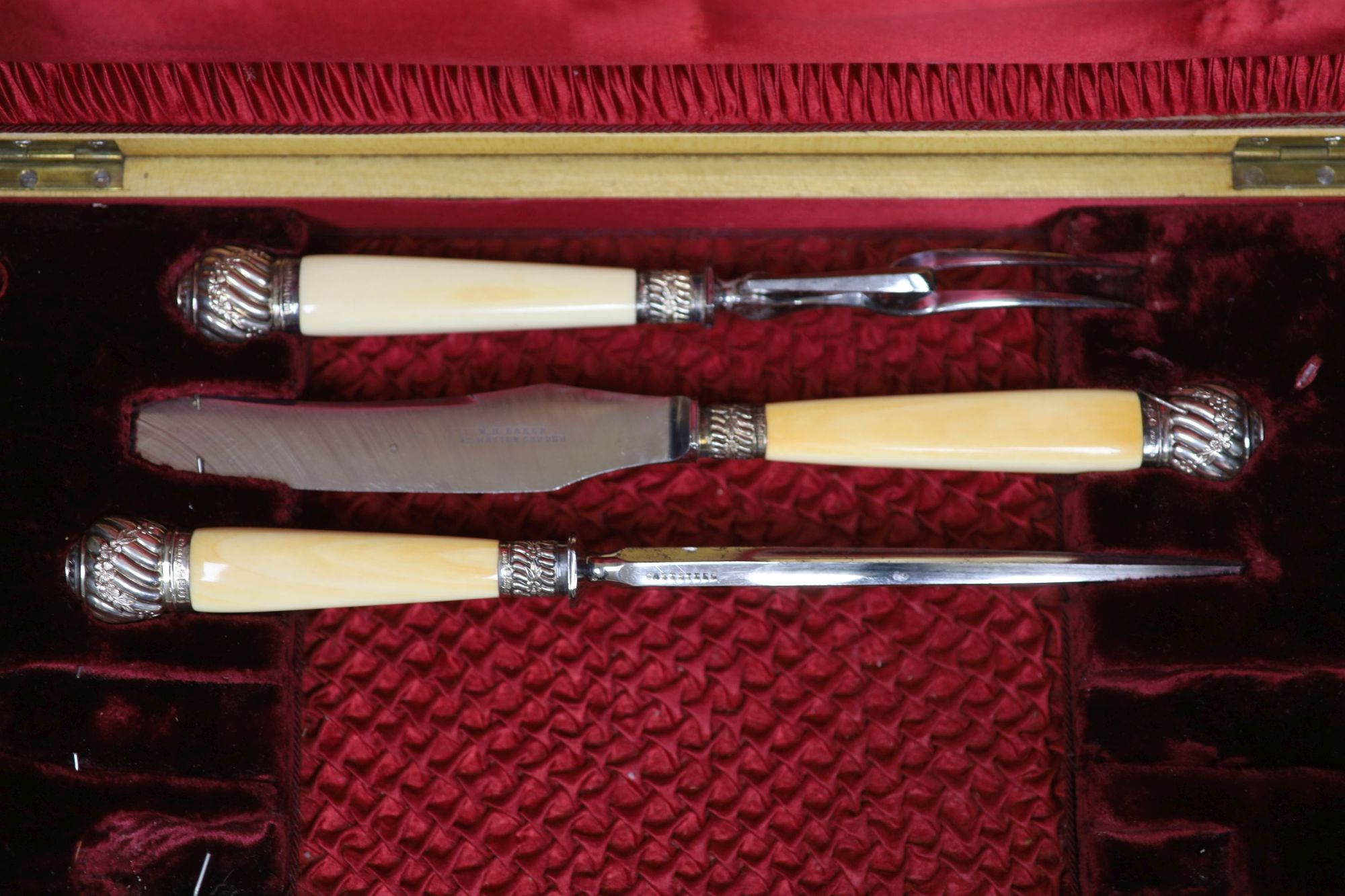 A late Victorian cased silver and ivory fish serving and meat carving set, Allen & Darwin, Sheffield, 1894,